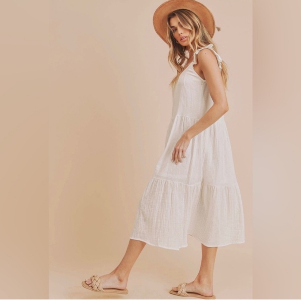 White Sleeveless Ruffle Shoulder Gauzy Midi Dress Resortwear Vacay Boho Western